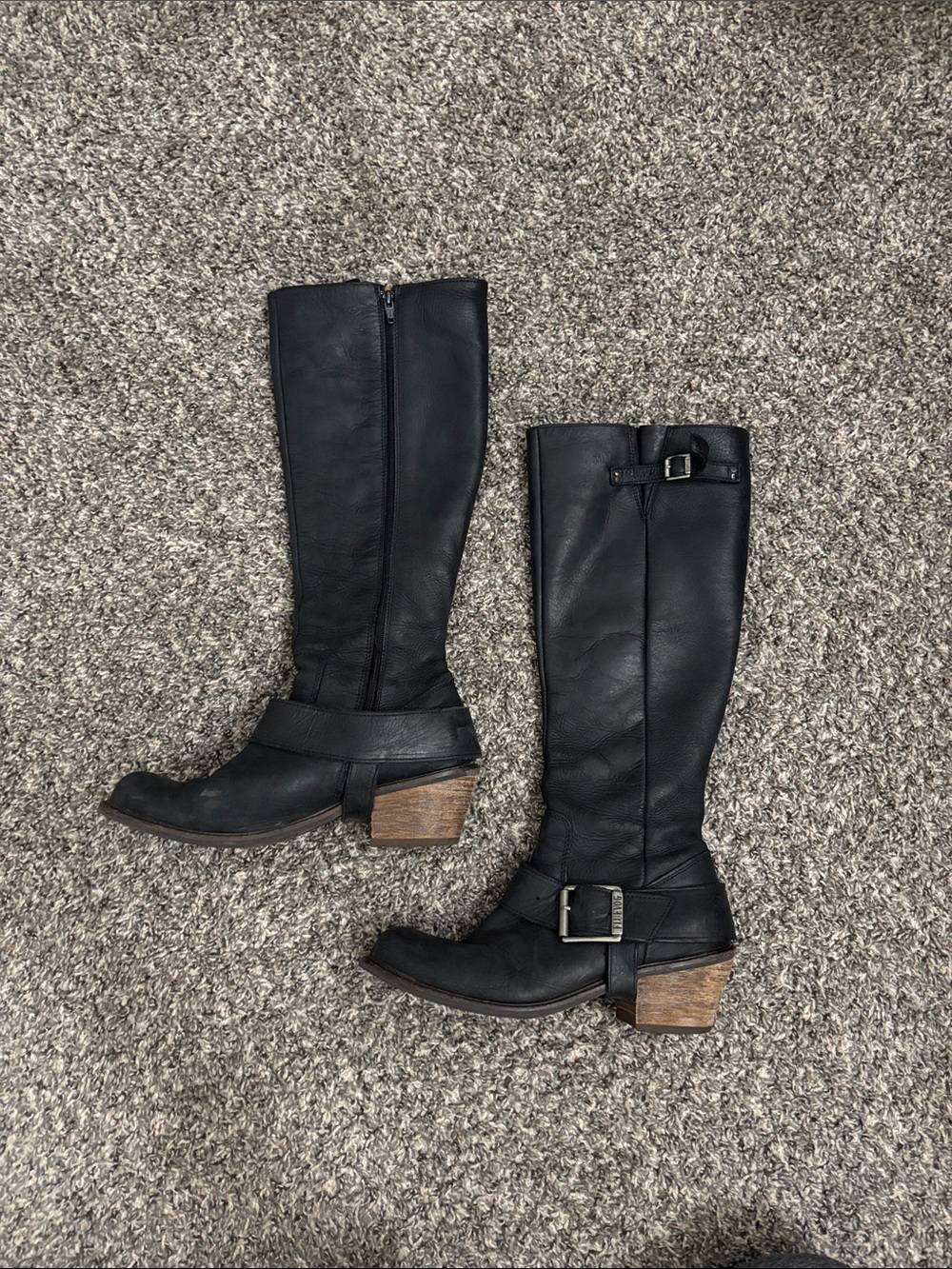 John Fluevog black leather knee high boots Women 10 cowboy western boho riding